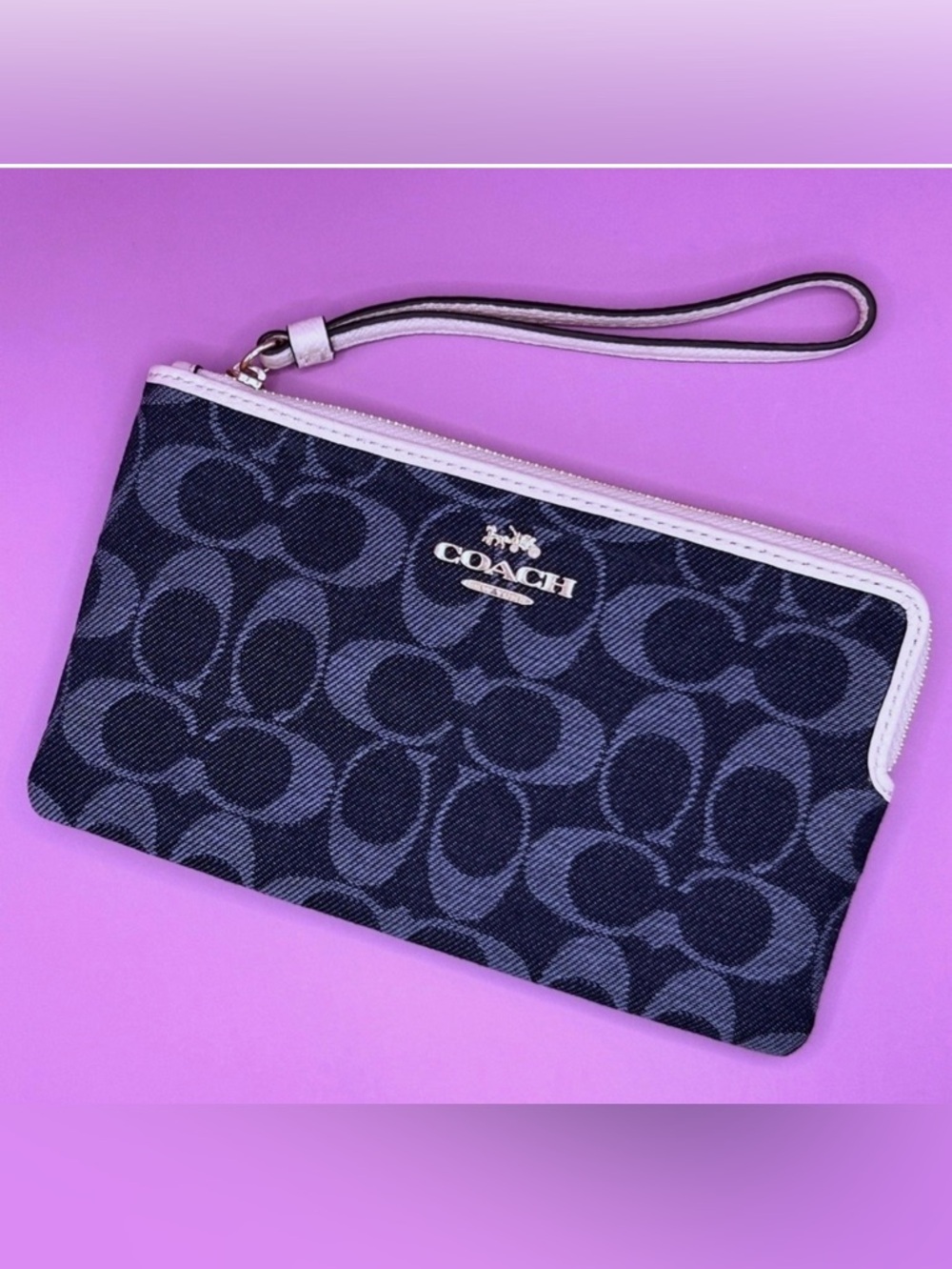 Coach Signature Denim Wristlet Blue White Gold Logo Zip Clutch
